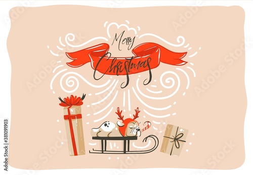 Hand drawn vector abstract fun Merry Christmas time cartoon illustration card design with surprise gift boxes,pet dog on sleigh,red ribbon and modern xmas calligraphy isolated on craft background