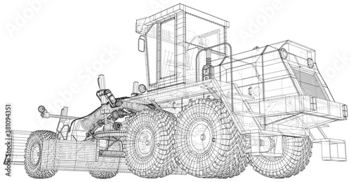 Motor Grader in outline style. Wire-frame line isolated. Vector rendering of 3d.