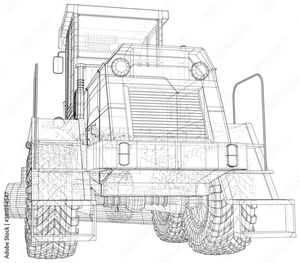 Heavy equipment vehicle. Grader. Wire-frame. Vehicle Vector Illustration transport. The layers of visible and invisible lines are separated. EPS10 format.