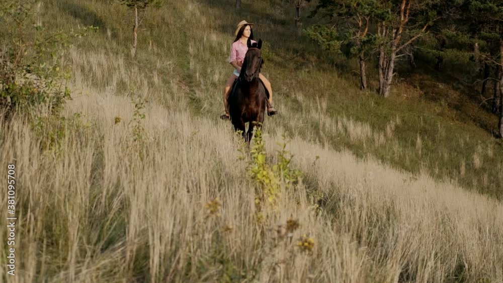 Beautiful girl in hat riding a horse in countryside. Female rider rides a graceful horse. Horseback riding. Love and friendship concept.