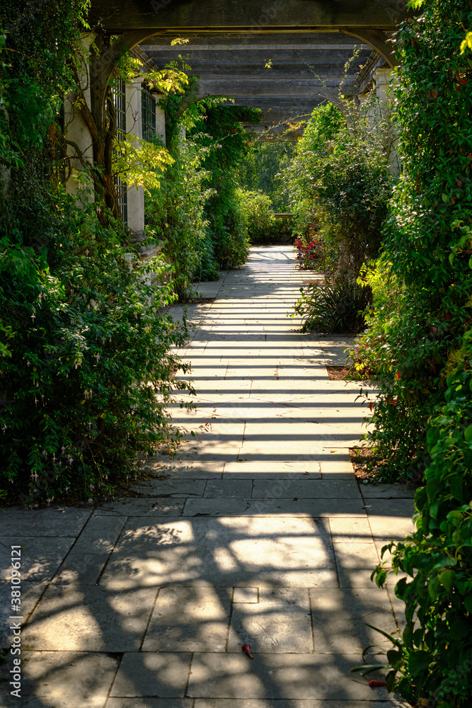 Perspective view of the pergola. Wooden cross-beams casting a shadow on the stone passage. Perspective view of the pergola. Wooden cross-beams casting a shadow on the stone passage.