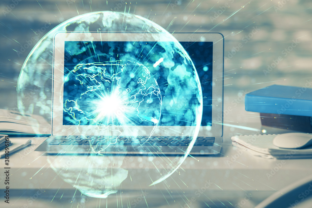 Multi exposure of business theme icons and work space with computer background. Concept of success. Multi exposure of business theme icons and work space with computer background. Concept of success.