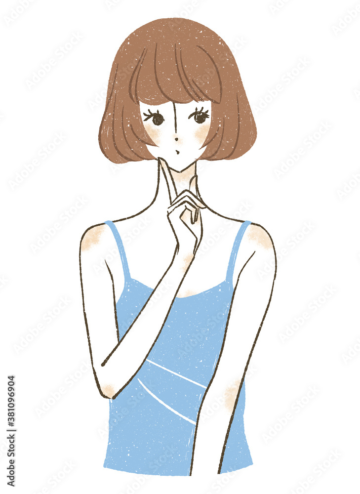 人差し指を顎に当てるボブヘアの女性 ilustración de Stock | Adobe Stock