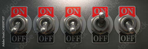 Fotografie Row of retro toggle switch in OFF position and one in ON position on metal background