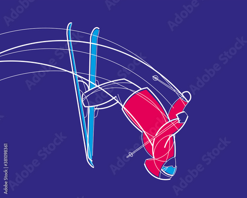 Freestyle skier flying upside down on a blue background. Linear drawing. Vector stylish graphics