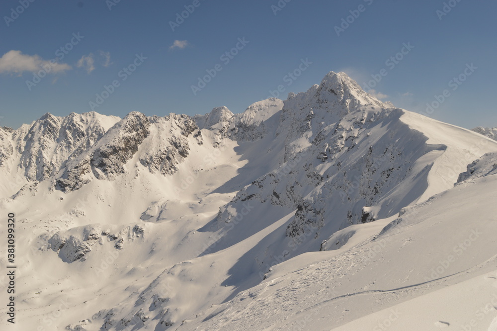 Naklejka premium Skiing and snowboarding in the Jasna and Zakopane ski resorts between Poland and Slovakia in the Tatra Mountains
