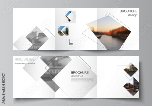 Vector layout of square format covers design templates with geometric simple shapes, lines and photo place for trifold brochure, flyer, magazine, cover design, book, brochure cover.