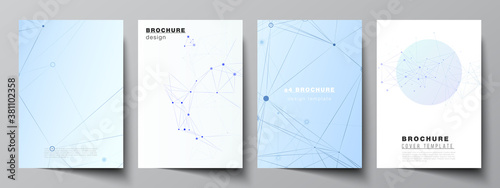 Vector layout of A4 format cover mockups templates for brochure, flyer layout, booklet, cover design, book design, brochure cover. Blue medical background with connecting lines and dots, plexus