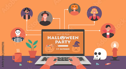 Online Halloween party concept on laptop screen, people in horror costumes connecting together with video conference to celebrate festival with skull, and candle, vector flat illustration