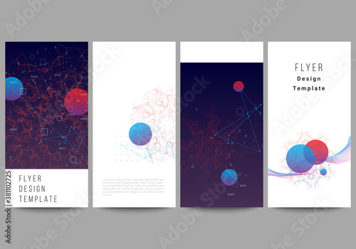 Vector layout of flyer, banner templates for website design, vertical flyer design, website decoration backgrounds. Artificial intelligence, big data visualization. Quantum computer technology concept