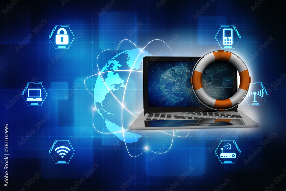 3d rendering laptop in lifebuoy 3d rendering laptop in lifebuoy