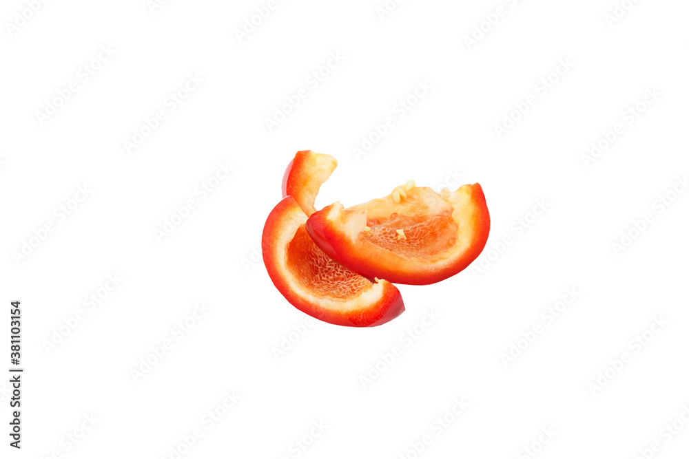Red raw bell pepper, white background