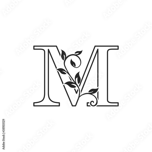 M Nature Floral initial letter logo icon. Monogram luxury floral leaves with letter logo icon for luxuries business.