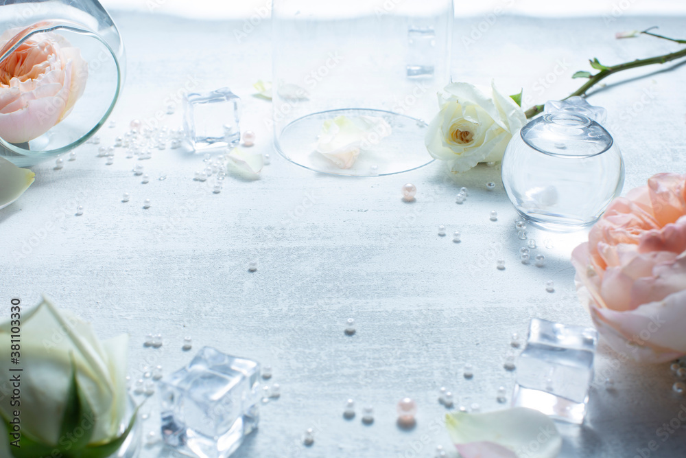 Flat lay white flowers background. Flat lay white flowers background.