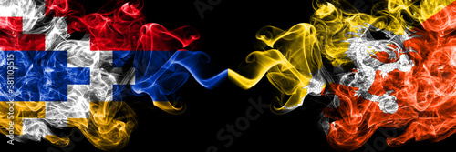 Nagorno-Karabakh  Artsakh vs Bhutan  Bhutanese smoky mystic flags placed side by side. Thick colored silky abstract smoke flags