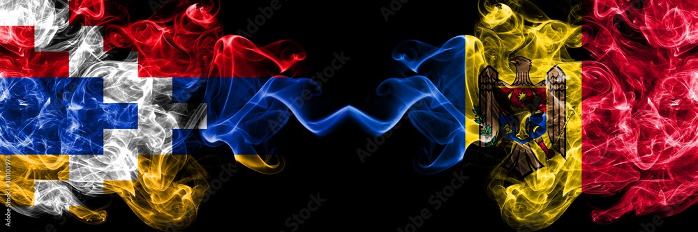 Nagorno-Karabakh, Artsakh vs Moldova, Moldovan smoky mystic flags placed side by side. Thick colored silky abstract smoke flags - obrazy, fototapety, plakaty 