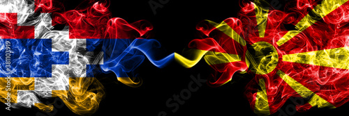 Nagorno-Karabakh, Artsakh vs Macedonia, Macedonian smoky mystic flags placed side by side. Thick colored silky abstract smoke flags