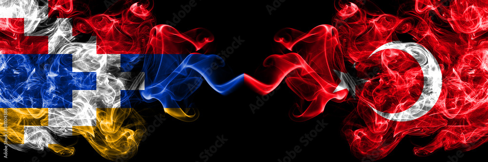 Nagorno-Karabakh, Artsakh vs Turkey, Turkish smoky mystic flags placed side by side. Thick colored silky abstract smoke flags - obrazy, fototapety, plakaty 
