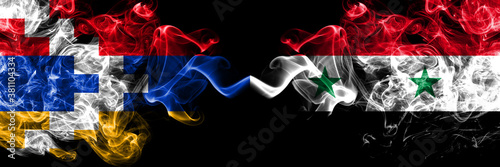 Nagorno-Karabakh, Artsakh vs Syria, Syrian smoky mystic flags placed side by side. Thick colored silky abstract smoke flags