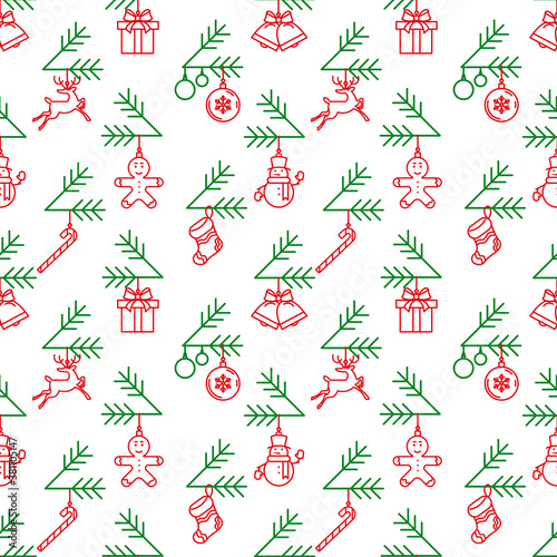 Traditional Christmas pattern. Seamless print. Red and green icons on a white background. Christmas tree branches and toys for them. Bells, snowman, gifts, deer - new year's symbols.