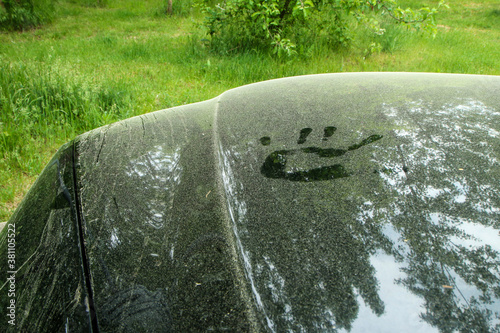 The spring detail of a car dirty from pollen. 