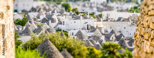 Scenic view of Alberobello and trulli, Italy. Tilt-shift effect applied
