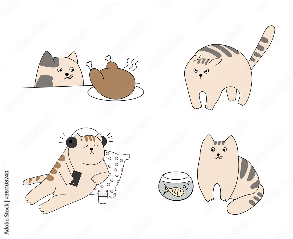 Naklejka premium Illustrations of funny tabby cats. Everyone has different emotions and actions. Fluffies are fishing, wanting to eat chicken, listening to music and relaxing.