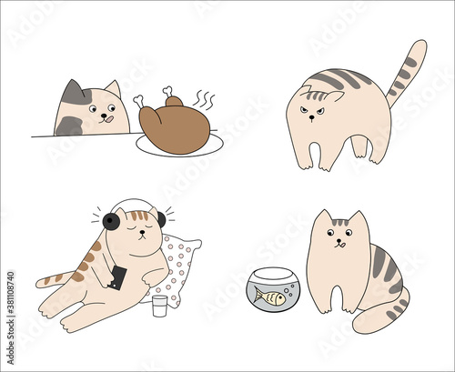 Illustrations of funny tabby cats. Everyone has different emotions and actions. Fluffies are fishing, wanting to eat chicken, listening to music and relaxing.