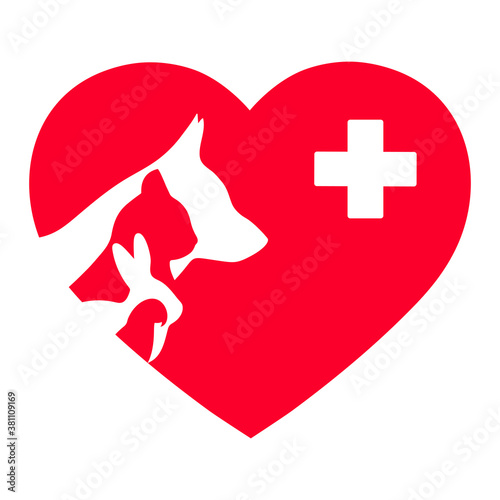 illustration veterinary emblem silhouettes of pets on the background of a red heart with a medical cross