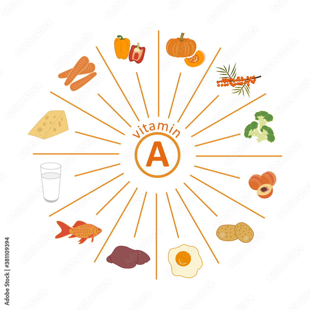 Set of foods rich in vitamin A. Carrots, bell peppers, pumpkin, sea buckthorn, broccoli, peach, potatoes, egg yolk, animal liver, fish, milk, cheese. Vector flat on white. Healthy eating, fitness. Set of foods rich in vitamin A. Carrots, bell peppers, pumpkin, sea buckthorn, broccoli, peach, potatoes, egg yolk, animal liver, fish, milk, cheese. Vector flat on white. Healthy eating, fitness.