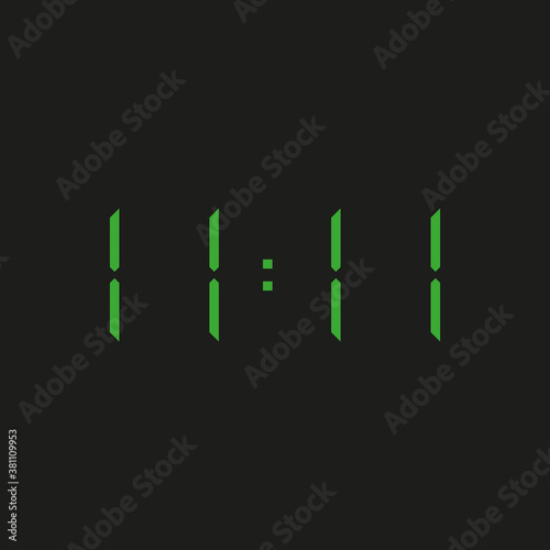 black background of electronic clock with four green numbers and time 11:11 – repeating one, eleven