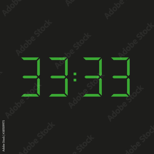 black background of electronic clock with four green numbers and datum 33:33 – repeating thirty three