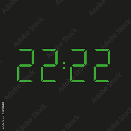 black background of electronic clock with four green numbers and time 22:22 – repeating twenty two