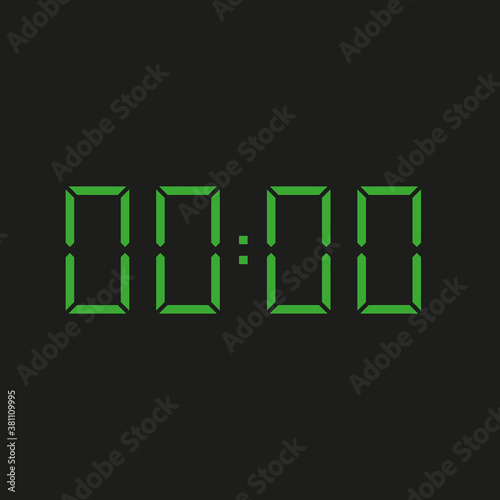 black background of electronic clock with four green numbers and time 00:00 - repeating zero, nil