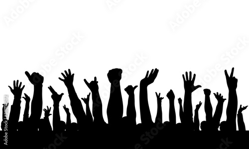 Crowd. Silhouette of raised hands of people. Vector illustration