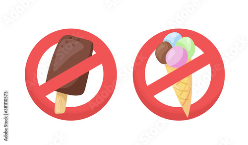 Cartoon vector illustration with No Ice Cream sign set. Ice-cream prohibited in shopping center. Concept of blood sugar control in diabetic patients, weight control, sore throat, fever, cough.