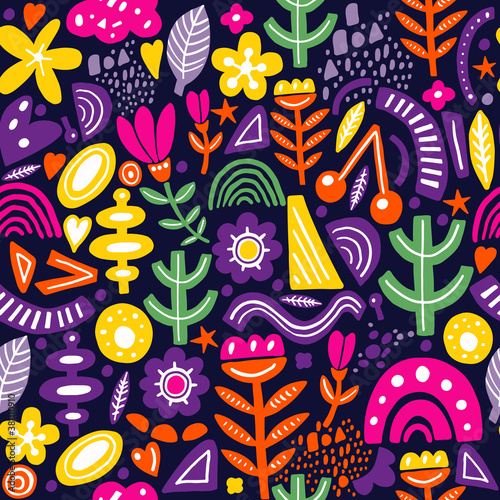 Collage style seamless pattern with abstract and organic shapes in bright color on dark. Modern and original textile, wrapping paper, wall art design.
