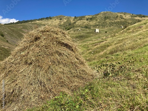 Close up of haystack in mountainous terrain. Pile of hay on green meadow in highlands in summertime