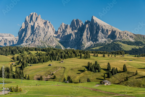 View of the Saslonch, Sassolungo or Langkofel, the highest mountain of the Langkofel Group from Alpe di Siusi or Seiser Alm in the Dolomites in South Tyrol, Italy