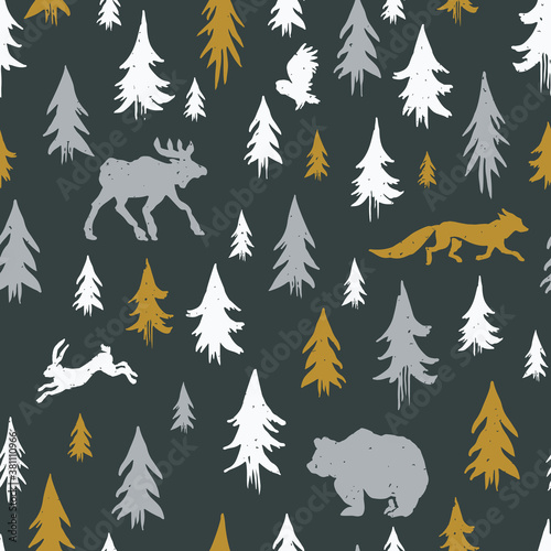 Hand-drawn forest silhouettes seamless pattern with animals:elk, fox, hare, bear, owl