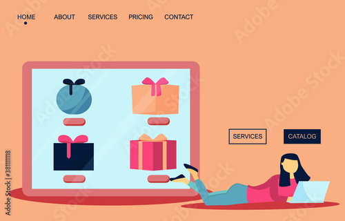 Christmas online shopping. Ordering xmas presents online. Woman with laptop. Landing page for e-shop website.