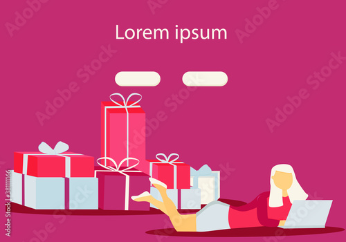 Website template vector illustration. Woman ordering christmas gifts online. 
