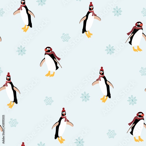 Seamless pattern with cute pinguins with snow and stars on blue background.