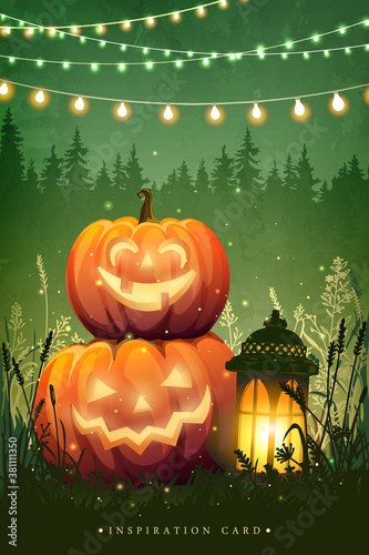 Poster with festive decorative lights and glowing pumpkins with scary faces. Autumn unusual illustration for party, halloween or festival