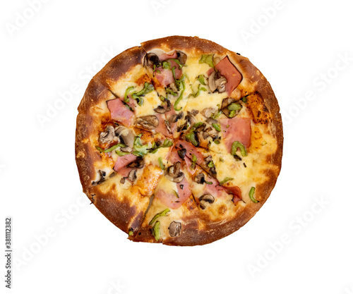 Pizza with ham, cheese, green pepper and mushrooms isolated on white background.