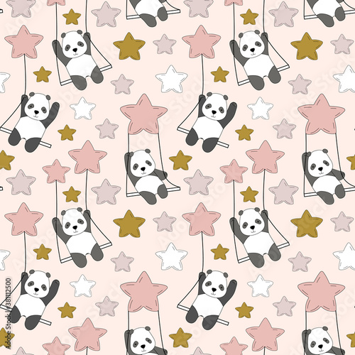 Cute panda on a swing in the sky among the stars.