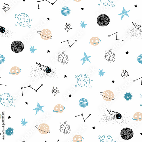 Seamless space pattern. Rockets, stars, planets, the solar system, constellations, cosmic elements.