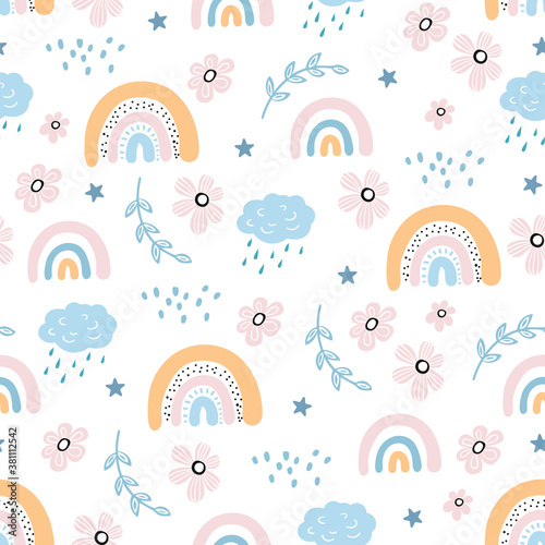 Seamless pattern with cloud and rainbow in the sky.  Creative kids hand drawn texture for fabric, wrapping, textile, wallpaper, apparel. Vector illustration