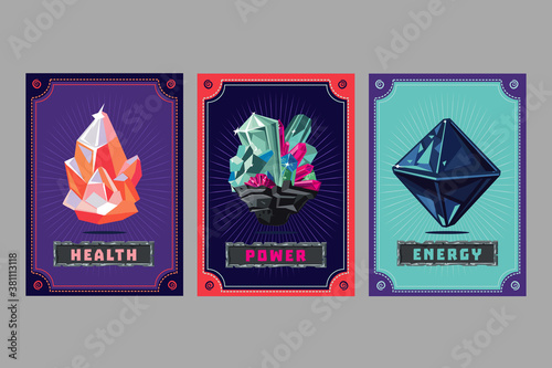 Card deck. Collection game art. Fantasy ui kit with magic items. User interface design elements with decorative frame. Equipment assets. Cartoon vector illustration.
