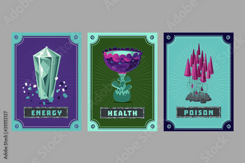 Card deck. Collection game art. Fantasy ui kit with magic items. User interface design elements with decorative frame. Equipment assets. Cartoon vector illustration.